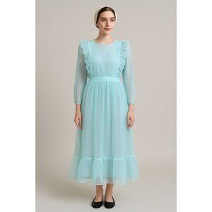 Vintage Light Blue Sheer Swiss Dot Ruffle Apron Dress Overlay Costume